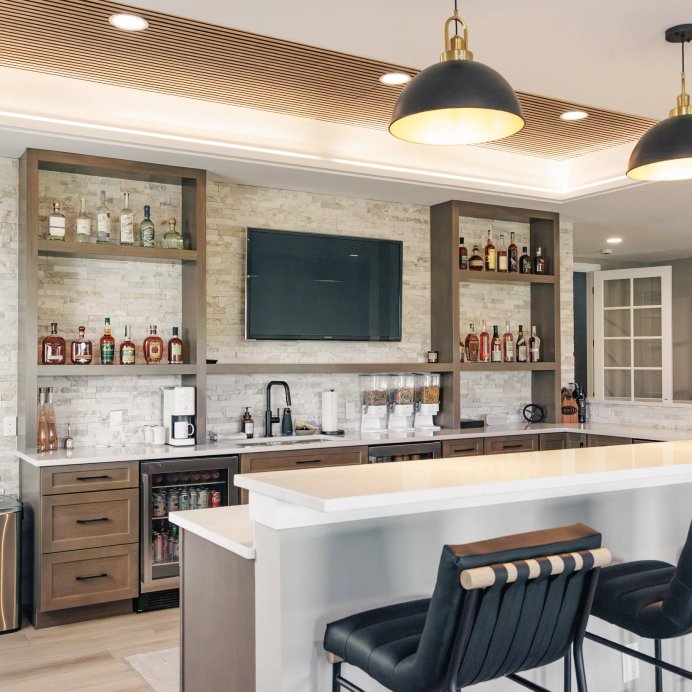 Elevated Entertaining basement home bar in Castle Rock by Reither Construction, view 3