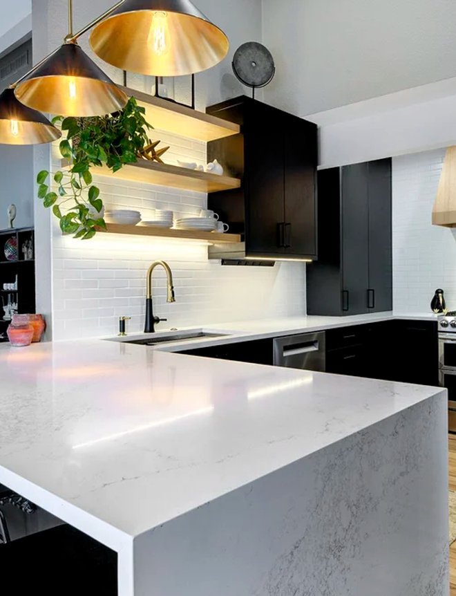 Kitchen island and lighting by Reither Construction Douglas County Colorado